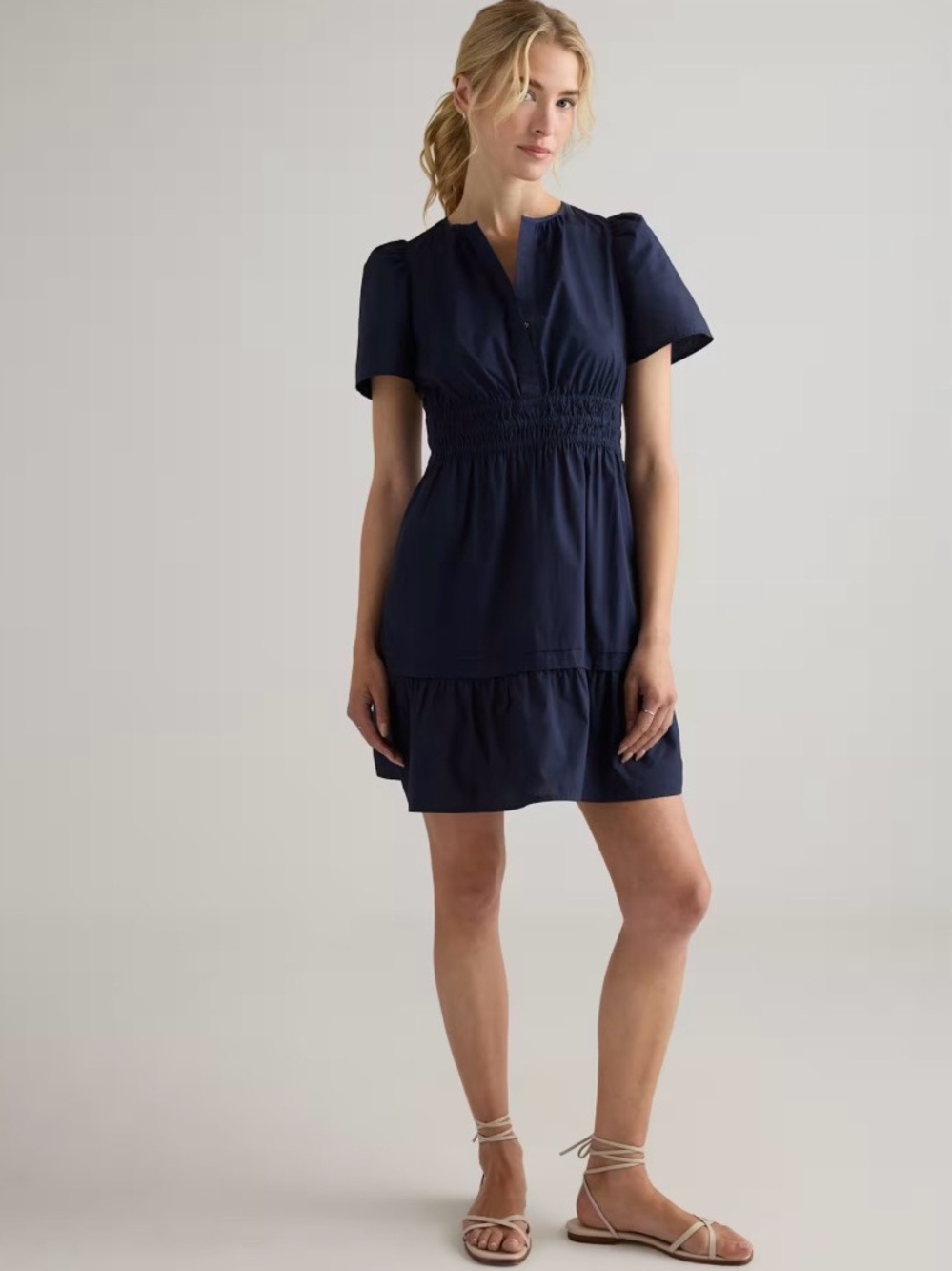 Quince 100% Organic Cotton Poplin Tiered Mini Dress Navy Blue Medium